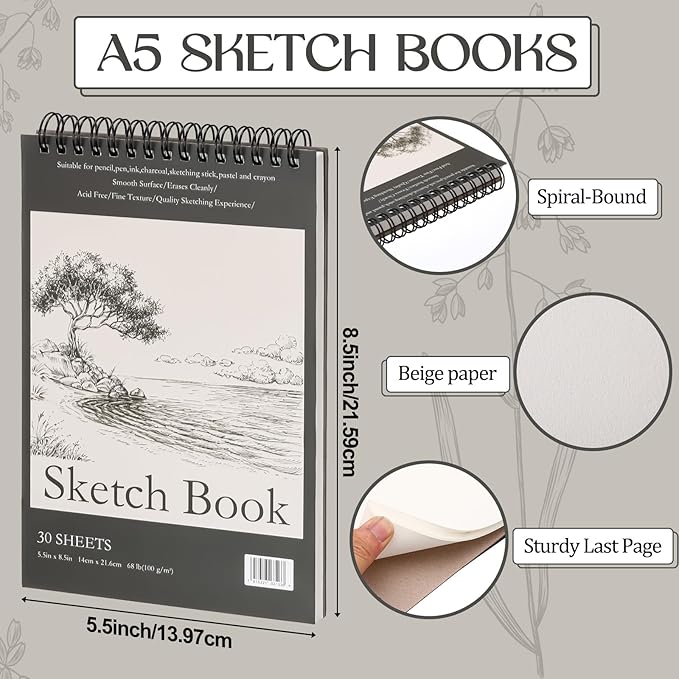 Jexine 40 Pcs 5.5'' x 8.5'' Top Spiral Bound Sketch Book 30 Sheet Each(68lb/100gsm), Sketching Drawing Pad Bulk Artist Sketch Pad Kids Drawing Paper Art Sketchbook for Painting (Tree)