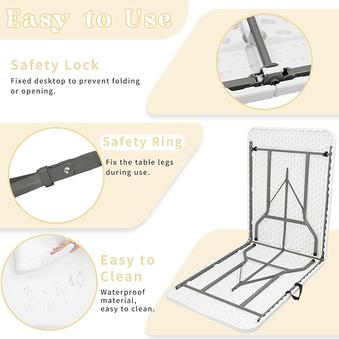 Set of 2 Folding Table 6 FT Lightweight Camping Table Portable Plastic Rectangular Outdoor Dining Table Steel Legs Fold-in-Half with Carrying Handle for Indoor,Picnic,Party,Wedding,Events(White)