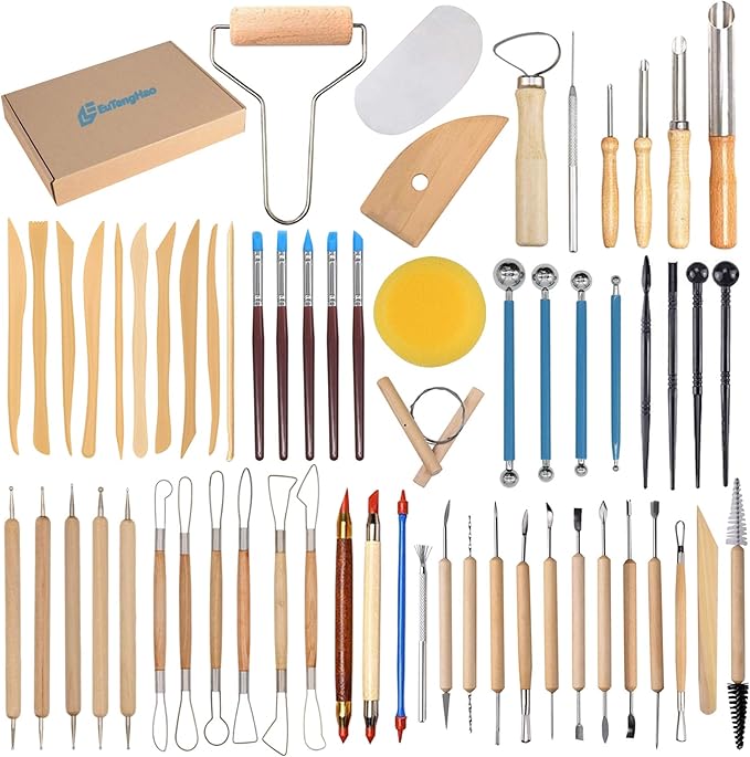 EuTengHao 61Pcs Ceramic Clay Tools Kit Pottery Tools Clay Sculpting Shapers Carving Tool Set Contains Most Essential Wooden Clay Tools for Potters Beginners