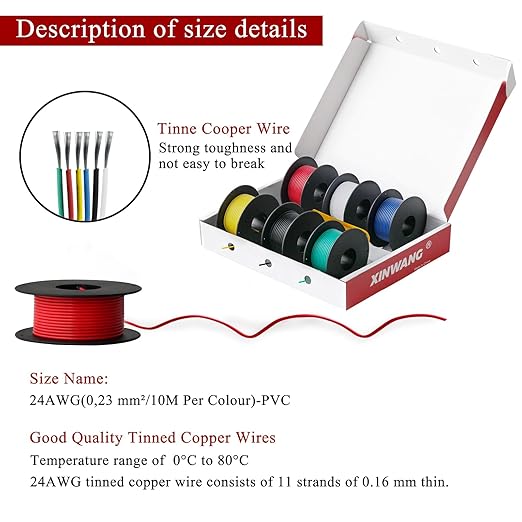 24 Gauge Electrical Wire,24 awg Wire-XINWANG 24 Gauge Stranded Tinned Copper Wire with PVC Insulation(OD:1.4 mm) 6 Colors,33ft Each, Hook Up Wire Kit