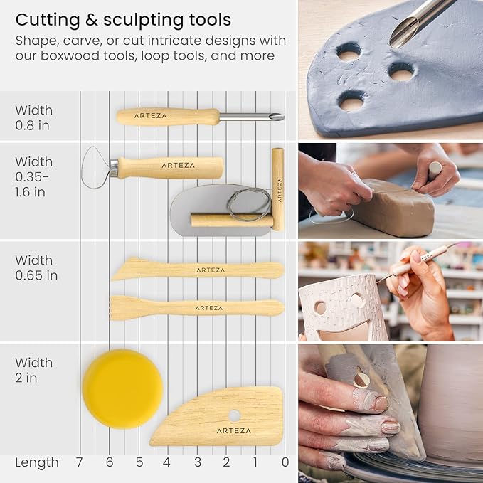 Arteza Pottery & Polymer Clay Tools, 42-Piece Sculpting Set, Steel Tip Tools with Wooden Handles, for Pottery Modeling, Smoothing, Carving & Ceramics