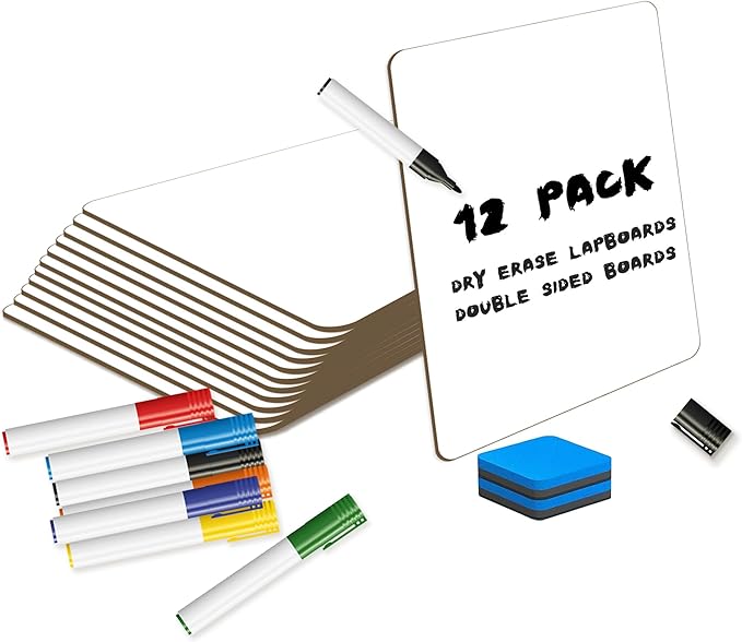White Board Dry Erase Boards Classroom Pack Mini White Boards 9" x12” Double Sided Personal Whiteboards for Students Teachers School Supplies Lapboards (Set of 12 Boards & Erasers & Pens)
