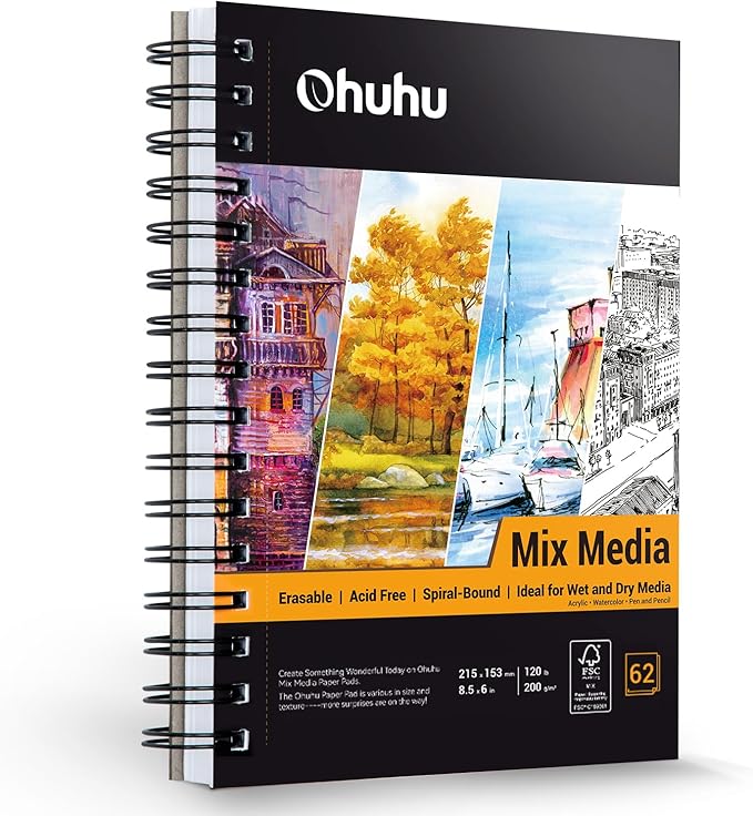 Mix Media Pad, Ohuhu Mixed Media Art Sketchbook, 120 LB/200 GSM Heavyweight Papers, 62 Sheets/124 Pages, Spiral Bound Mixed Media Paper Pad for Christmas Gift (8.5x6 in)
