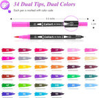 Caliart 34 Double Tip Brush Pens Art Markers, Artist Fine & Brush Pen Coloring Markers for Adult Book Cards Drawing Craft Kit Teacher Office Supplies
