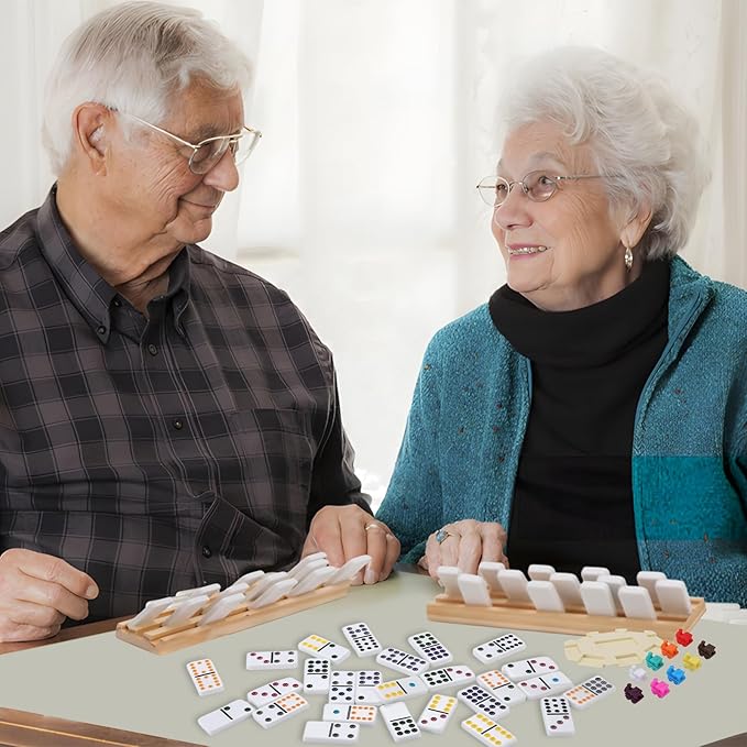 Mexican Train Dominoes Set Double 12 Colored Dot Dominos with 8 Wooden Racks & 91 Tiles Portable Travel Case Classic Family Board Game Cognitive Strategy Game for Adults Kids