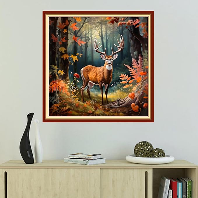 Foxhool Beginners Cross Stitch Kits Stamped Full Range of Embroidery Kits for Adults DIY Cross Stitches kit Embroidery Patterns for Needlepoint kit-Forest elk 18x18 inch