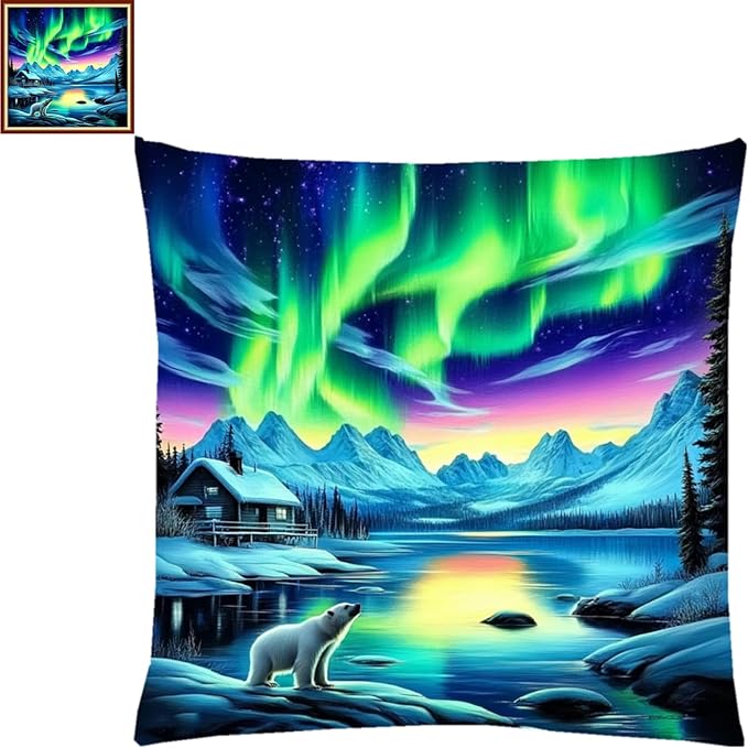 Fanxvivy Stamped Cross Stitch Kits for Adults Beginners Pillow Needlepoint Kit with Embroidery Pattern Needlework Kit Prestamped Stitches Kit 11CT Cross Stitching-Northern Lights Bear 18x18 inch