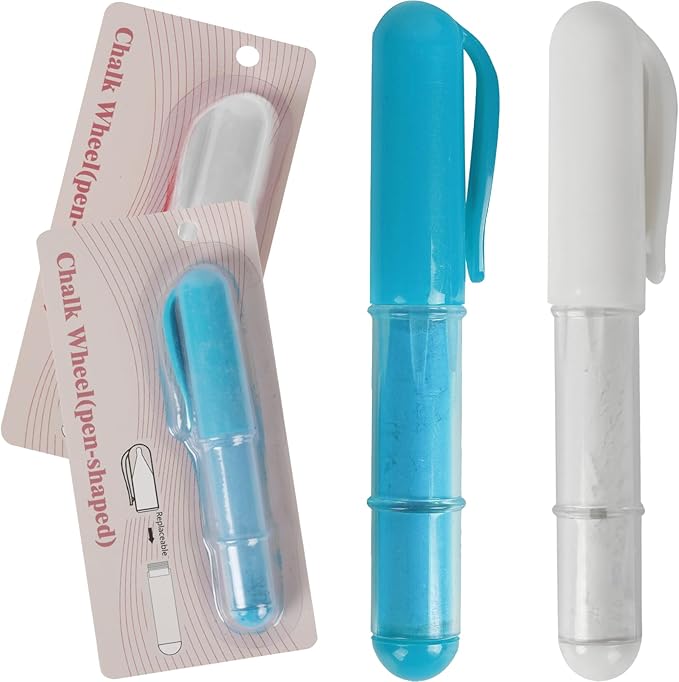 (2-pack) Fabric Chalk Markers -Erase Tailor’s Chalk for Quilting and Sewing - Compatible with Most Fabrics - With Dosing Wheel Technology, Blue & White