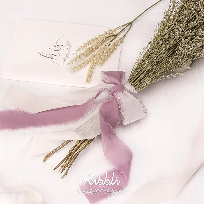 Ribbli Cream Chiffon Ribbon 1-1/2 inch x 20 Yard Handmade Fringe, Chiffon Silk Vanilla Cream Ribbon for Wedding Invitations, Bridal Bouquets, Flower Arrangement Decoration