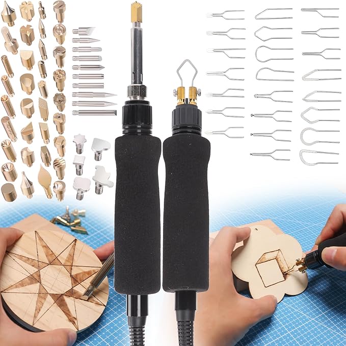 YIHUA 939D-VII Pyrography Tool Wood Burning Pen Kit Station 2-in-1 Solid-Point 200~480°C (with Temp Display)/Wire-Nib 250~750°C with 23 Nibs, 50 Solid Points, 6 Woodpieces