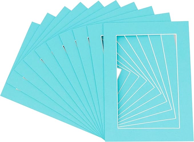 Pack of Ten Acid Free 8.5x11 Mats Bevel Cut for 7x9 Photos - Aquamarine Blue Precut Matboards with Backing Boards and Self Seal Photo Mat Bags for Pictures, Photos, Framing - 4-ply Thickness
