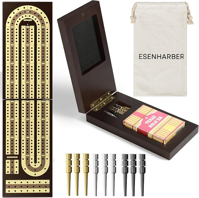Foldable Wooden Cribbage Board Set - Elegant 3-Track Design with Magnetic Closure, 9 Metal Pegs, Full Deck of Cards, Perfect for Family Game Nights and Travel