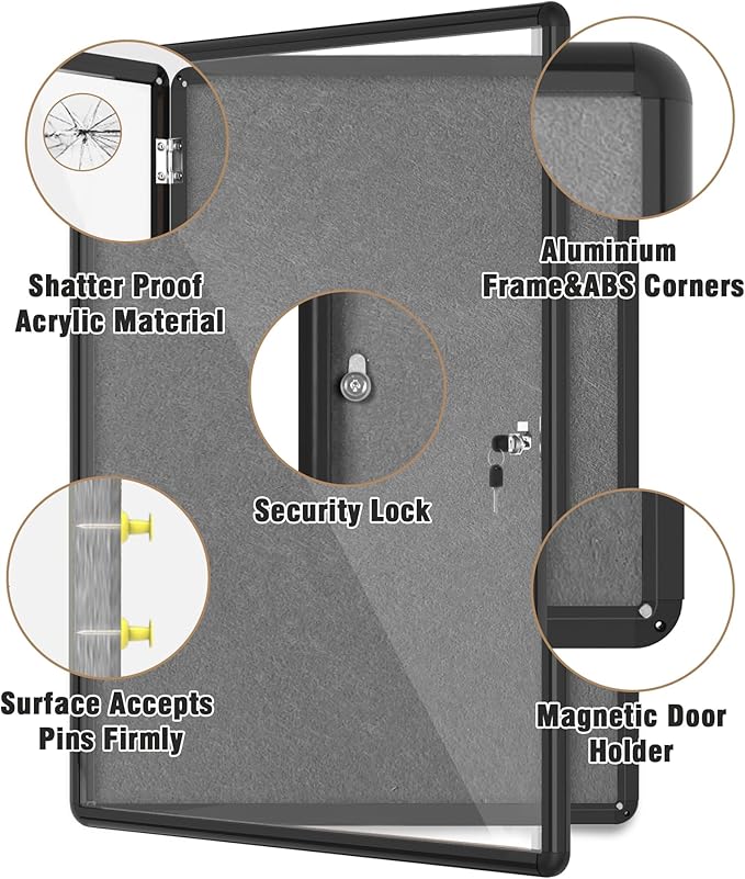 38"x28" Enclosed Bulletin Board, Lockable Weather-Resistant Aluminum Cork Noticeboard for Hospital School & Office, Black Frame w/Grey Flet
