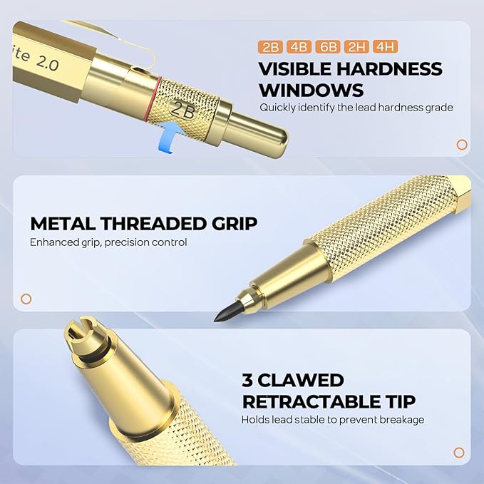 Nicpro 37PCS Gold Art Mechanical Pencil Set, 4PCS Metal Drafting Pencil 0.3/0.5/0.7/0.9 mm & 2PCS 2mm Lead Holder (6B 4B 2B HB 2H 4H) School Supplies for Sketching Drawing with 23 Tube Lead Refills