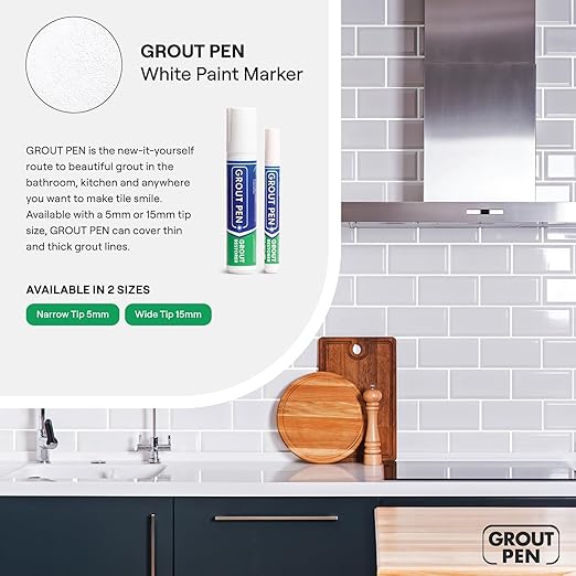 Grout Pen White Tile Grout Paint Marker: Waterproof Tile Grout Colorant and Sealer Pens for Cleaner Looking Floors & Whitener Without Bleach - Narrow 5mm, 2 Pack with Extra Tips (7mL) - White