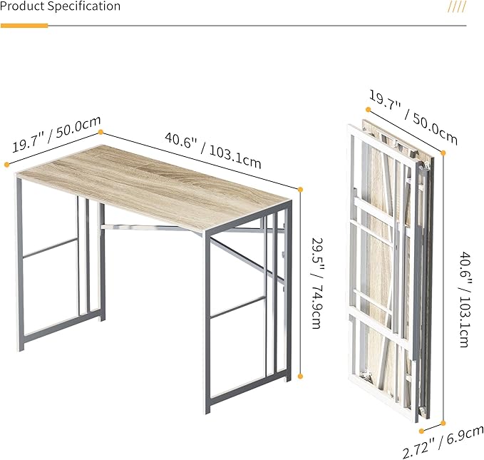 Folding Desk 40 inch Writing Gaming Computer Camping Table, No Assembly Required Home Office Desk, Beige