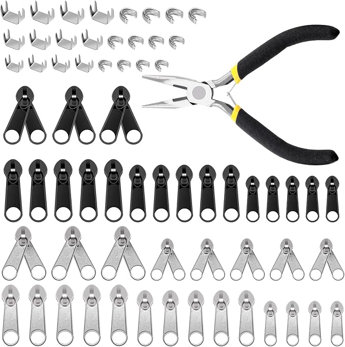 Glarks 85pcs #3#5#8 Zipper Repair Kits Includes 39pcs Metal Zipper 30pcs U Shape Top Stops 15pcs Bottom Stoppers with 1pcs Sharp-Nosed Pliers, Zipper Sliders Zipper Pull Replacement Zip Fixer Part