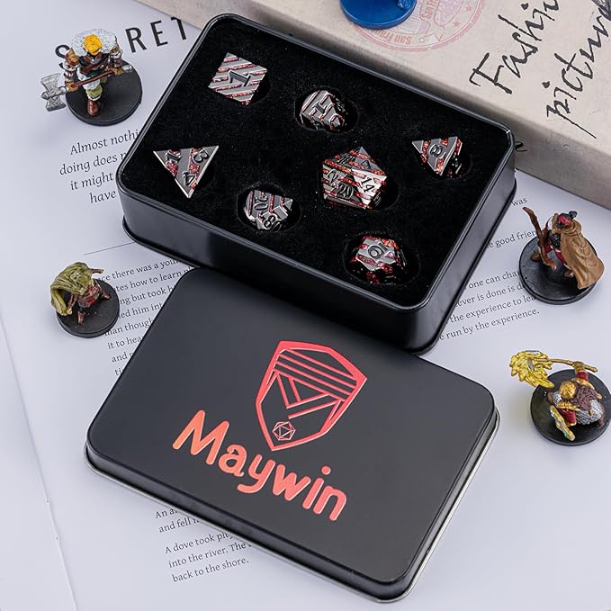 Metal Dice Set DND,Metallic Glitter Stripes D&D Dice Set,7 PCS Polyhedral Dice Set with Gift Case for Dungeons and Dragons Tabletop Game(Black Nickel Red)