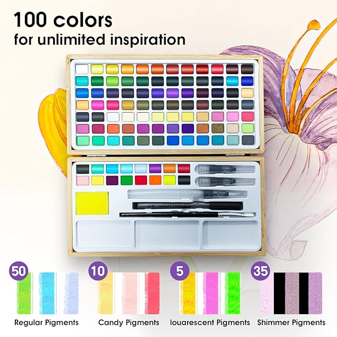 Watercolor Paint Set,100 Colors in Nature Bamboo Box,Portable Water Colors Kit with Papers and Brush Pens,Great for Kids Adults Beginners & Professionals