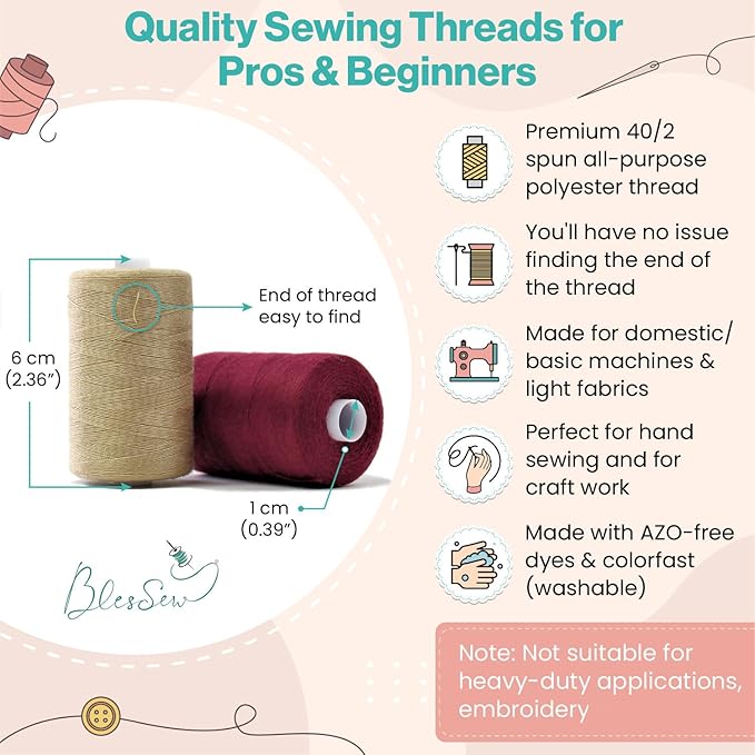 Sewing Thread-24 Spools of Polyester Thread for Sewing Machine for Beginners, Hand Stitching & Quilting-1000 yds Each in 22 Colors+Bonus Black & White