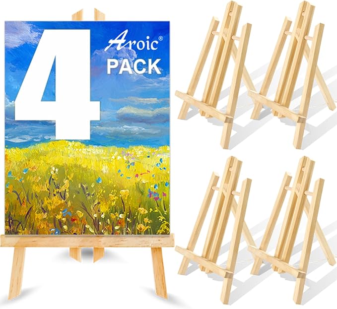 AROIC Wood Easels, Easel Stand for Painting Canvases, Art, and Crafts. (11.8 inch, 4 Pack), Tripod, Painting Party Easel, Kids Student Table School Desktop, Portable Canvas Photo Picture Sign Holder