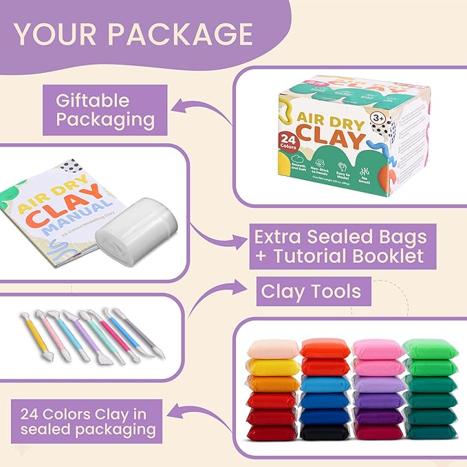 Air Dry Clay Kit – 24 Colors Soft Lightweight Air Clay for Kids & Adults, DIY Molding Clay with 8 Sculpting Tools & 60 Page Tutorial Booklet – Non Toxic Airdry Clay, Modeling Clay Air Dry for Crafts