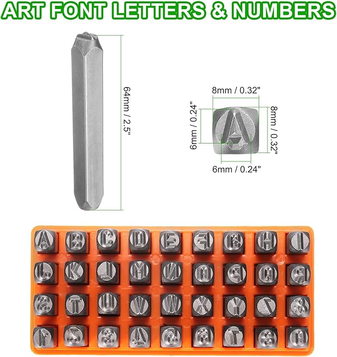 HARFINGTON 36pcs Metal Stamping Kit 1/4" (6mm) Steel Uppercase Letter and Number Punch Set (A-Z / 0-8 / "&" Symbol) Punch Press Tool with Case for Imprinting Metal Plastic Wood Leather