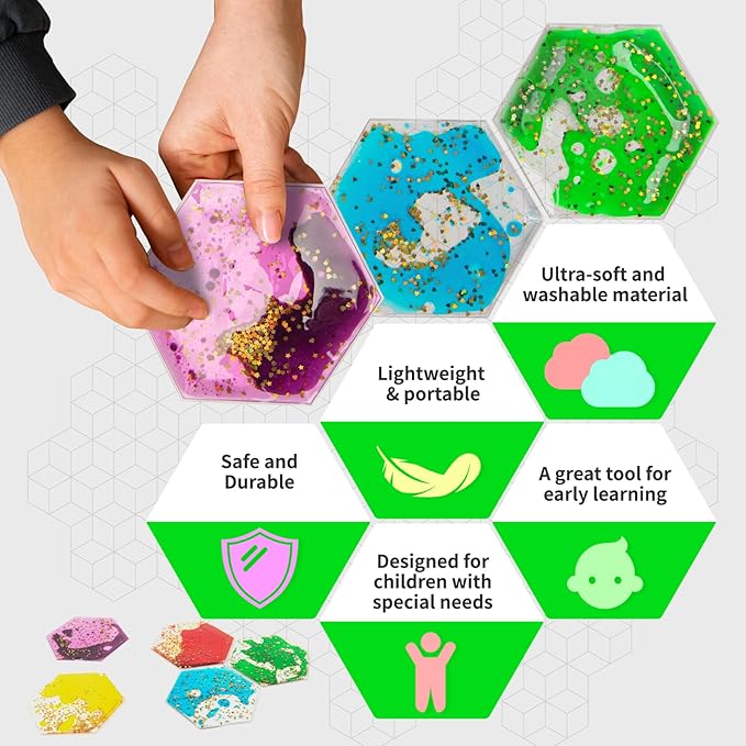 LONGKING 4-Pack Hexagon Liquid Tiles for Kids, Soft Gel Liquid Sensory Toys for Autistic Children, Sensory Mats, Sensory Toys for Toddlers 3-4