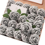 Floroom Artificial Flowers 25pcs Real Looking Silver Grey Foam Fake Roses with Stems for DIY Wedding Bouquets Bridal Shower Centerpieces Floral Arrangements Party Tables Home Decorations
