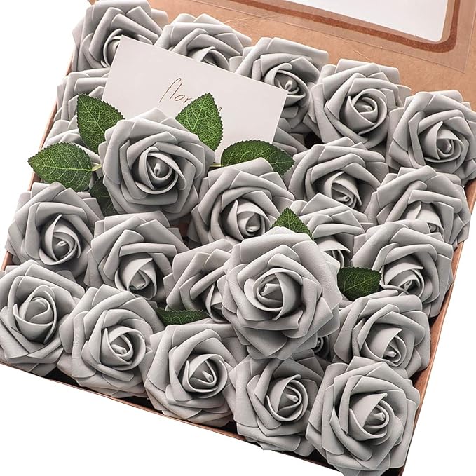 Floroom Artificial Flowers 25pcs Real Looking Silver Grey Foam Fake Roses with Stems for DIY Wedding Bouquets Bridal Shower Centerpieces Floral Arrangements Party Tables Home Decorations