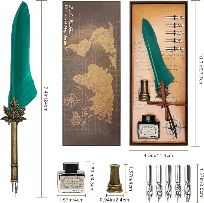 AHIER Quill Pen and Ink Set, Feather Pen Quill Pen Set Includes 5 Steel Replacement Nibs,Pen Nib Base and Dip Ink Bottle for Antique Calligraphy