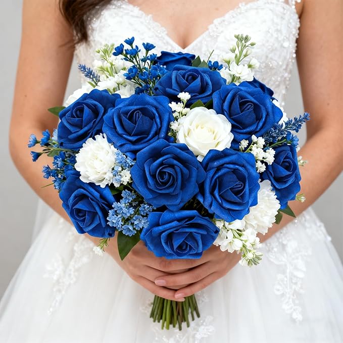 Artificial Flowers Foam Fake Roses 25pcs Royal Blue Roses with Stems for Home Decor DIY Wedding Bouquets Party Bridal Shower Centerpieces Faux Flower Arrangements Tables