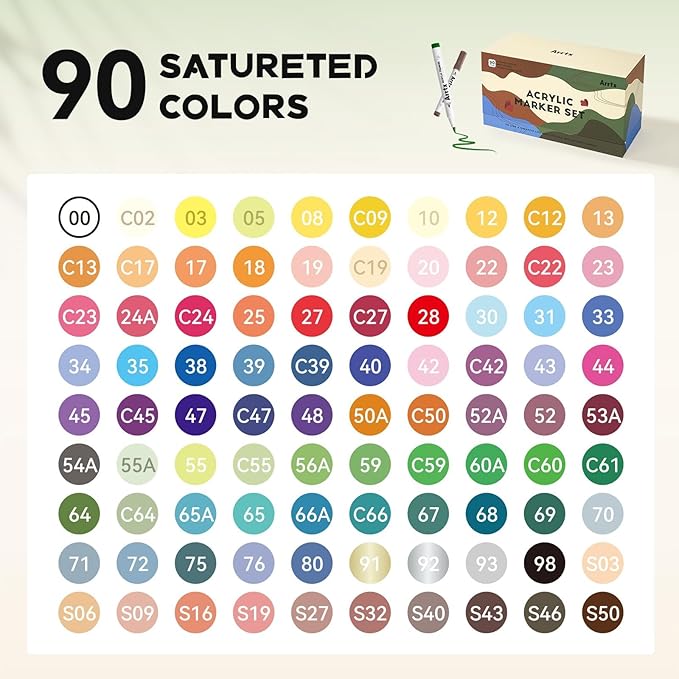 Arrtx 90 Colors Paint Markers, Acrylic Paint Pens for Artists Adults Coloring Drawing - Extra Brush Tip for Rock Painting, Wood, Canvas, DIY Crafts Making Art Supplies