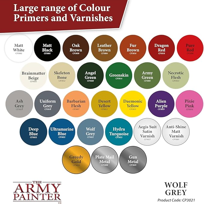 The Army Painter Colour Primer Wolf Grey, 400 mL Acrylic Spray Primer, Spray Paint Basecoat for Miniature Priming, Tabletop Roleplaying, Boardgames, and Wargames Miniature Modelling