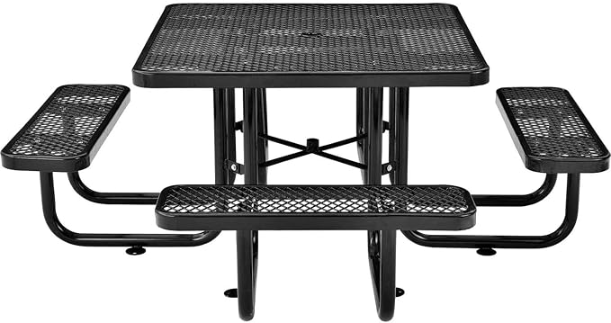 Global Industrial 46" Square Picnic Table, Expanded Metal, Black Thermoplastic Coating, Attached Benches, 1-1/2” Umbrella Pole Hole, Outdoor-Rated, 1000 lb Capacity