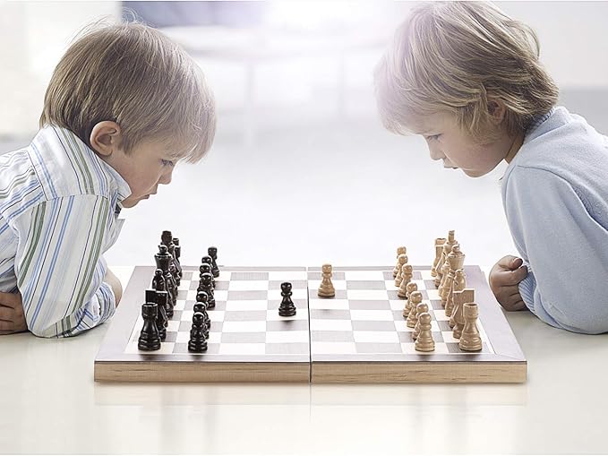 AMEROUS Chess Set, 15"x15" Folding Magnetic Wooden Standard Chess Game Board Set with Wooden Crafted Pieces and Chessmen Storage Slots