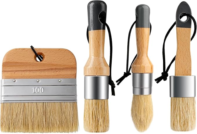 Chalk Paint Brushes Set of 4, Wax Brushes, Flat Pointed and Round Brush with Natural Bristles for Chalk Paint and Wax, Perfect for Painting or Waxing Furniture, Ideal for Home Decor