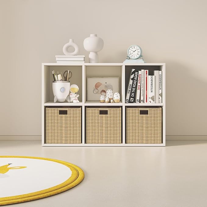 Wood Cube Storage Organizer Closet Cabinet for Living Room Bedroom Study Shelf Bookcase Wooden Floor Standing Open Bookshelf for Kids Home Office Display Storage Cabinet (White, 6-Cube, 11.81in)