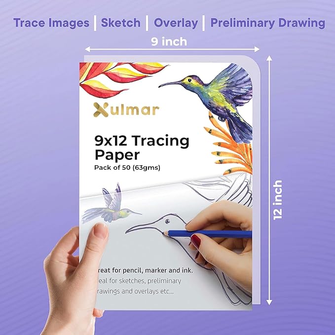 Xulmar Tracing Paper 9x12 63 GSM - Pack of 50 Sheets Tracing Paper for Sewing Patterns, Drawing Overlays & Sketching on Art Paper & Sketch Book