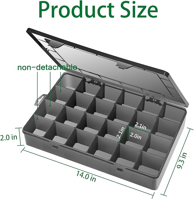 Large 24 Grids Plastic Organizer Box Adjustable Dividers,Clear Storage Box for Jewelry, Art DIY Crafts, Washi Tapes, Beads and Small Parts(Black, 1Pack)