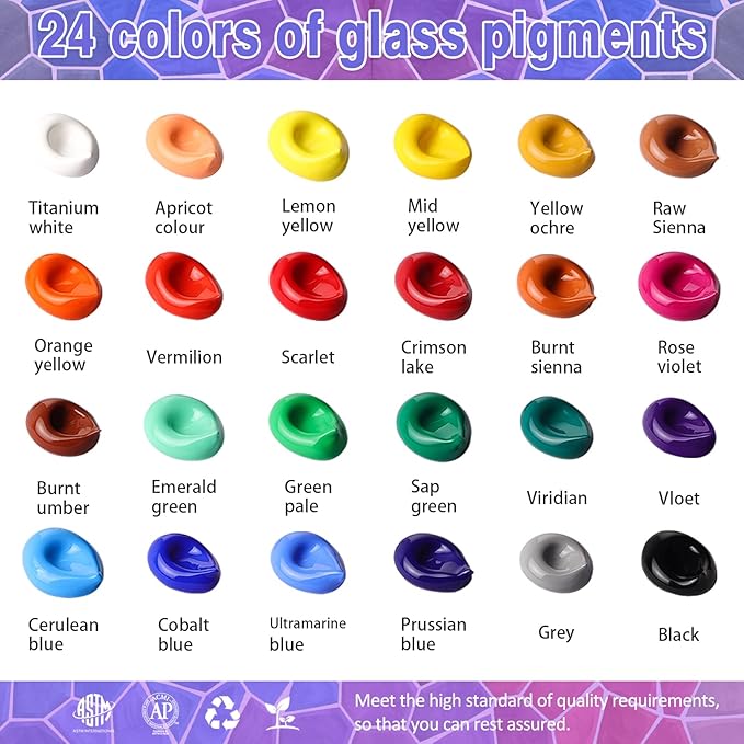 Colorful Stain Glass Paint Set with 6 Brushes, 1 Palette, 24 Color Waterproof Acrylic Enamel Painting Kit for Kids to Arts on Transparent Wine Glasses, Light Bulbs, Windows and Ceramics