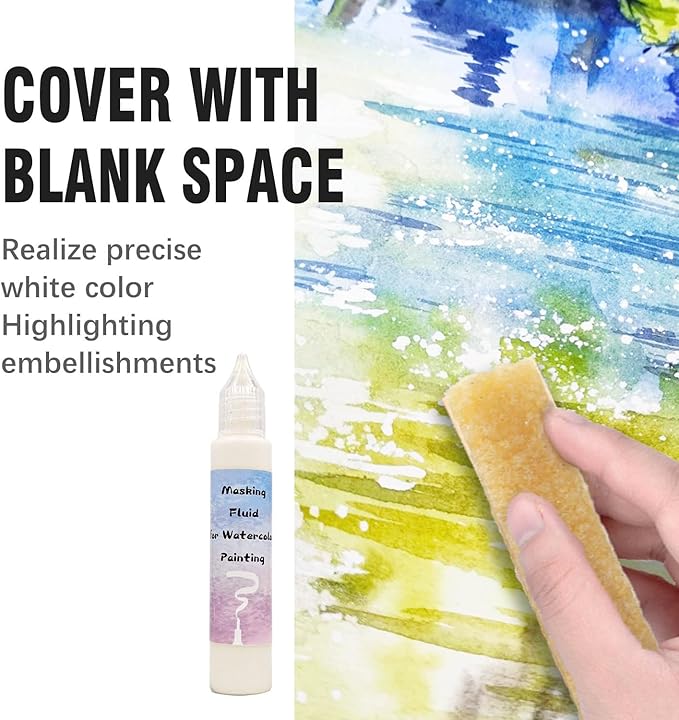 Blue Watercolor Masking Fluid - Professional Art Supplies with Brush & Eraser for Artists, Painting Medium Pen