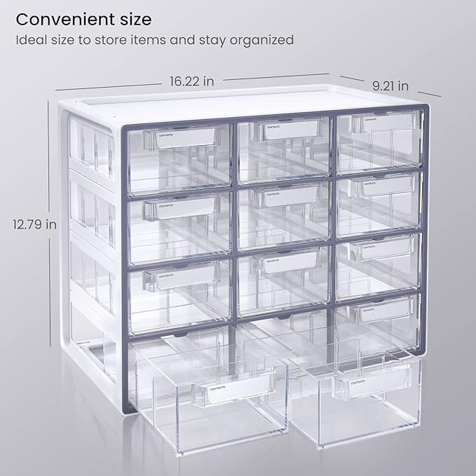 Arteza 12 Drawer Organizer and Storage Cabinet – Clear Plastic, Stackable Drawers for Makeup, Crafts, Sewing, Office Supplies, Small Parts & Tools