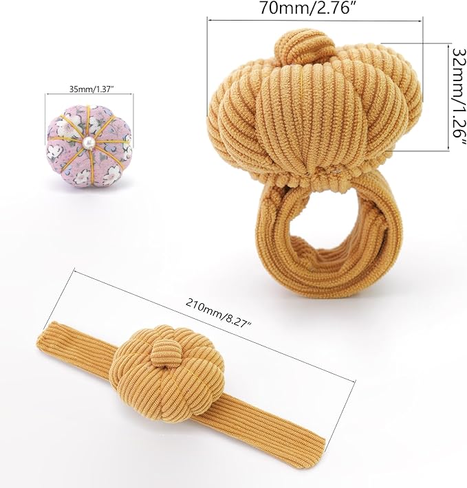 Wrist Pin Cushions, Sewing Needle Cushion kit with 1Pcs Elastic Strap Finger Ring Pincushions, Adjustable Strap Handcraft Needles Holder for Sewing and Quilting (Gold)