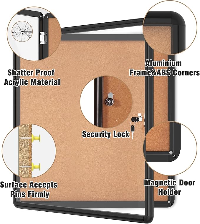 28"x26" Enclosed Bulletin Board, Lockable Weather-Resistant Aluminum Cork Noticeboard for School & Office, Black Frame w/Cork