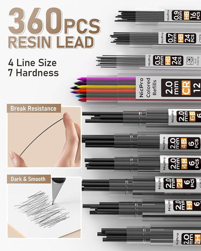 Nicpro 35PCS Gold Art Mechanical Pencils Set, 3 PCS Metal Drafting Pencil 0.5 mm & 0.7 mm & 0.9 mm & 3 PCS 2mm Lead Holder (6B 4B 2B HB 2H 4H Colors) For Sketching Drawing