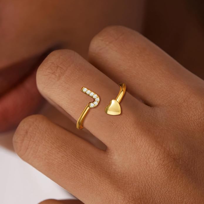 Gold Initial Rings for Women Girls, Dainty 14K Gold Plated Adjustable Initial Rings Cute Heart Zirconia Ring for Women Teen Girl Gifts