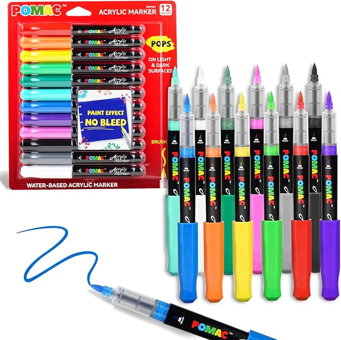 POMAC Acrylic Paint Markers Pens 12 Assorted Colors, Water-Based Paint Markers Brush Tip, No-Bleed Liquid Acrylic Marker Pens Waterproof for Fabric, Canvas, Rock, Glass, Wood, DIY Crafts, Art Supplies