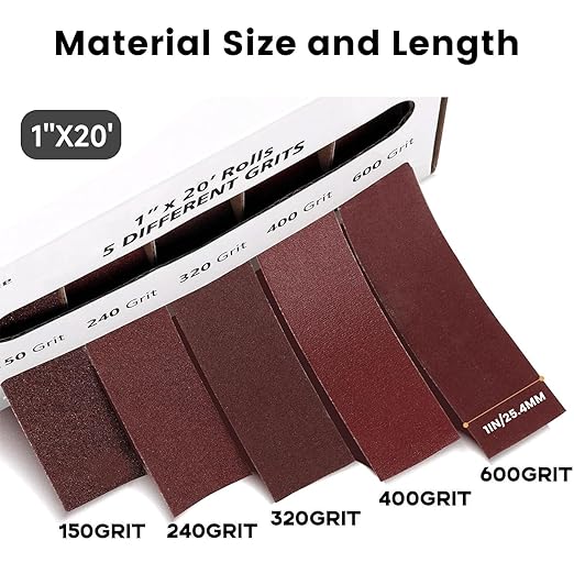 Emery Cloth Roll,5 Grits 1'' x 20FT Abrasive Sandpaper Roll with Dispenser,150 240 320 400 600 Grit Sand Assortment,Sanding Paper & Sandpaper Sheets for Metal Auto Wood Dry&Wet Polishing.(5Rolls 20FT)