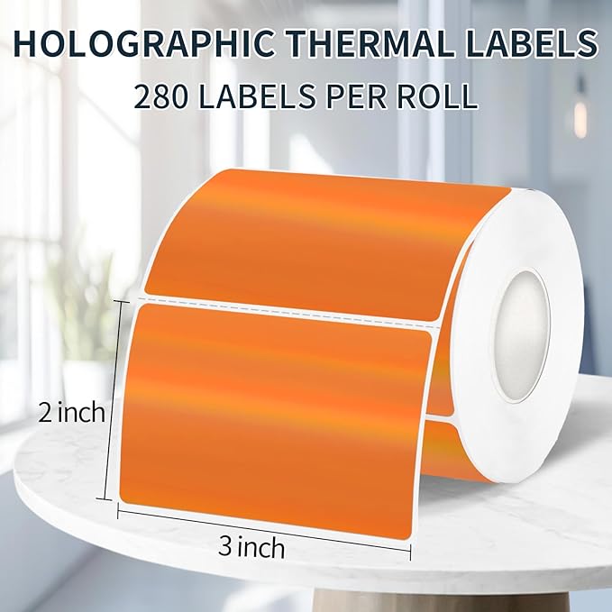 2" x 3" Holographic Thermal Label Stickers Orange,Printable Rainbow Glitter Thermal Printer Sticker Labels for Gift Wrapping, Self-Adhesive Name Price Tag DIY Custom Logo Design (280 pcs)
